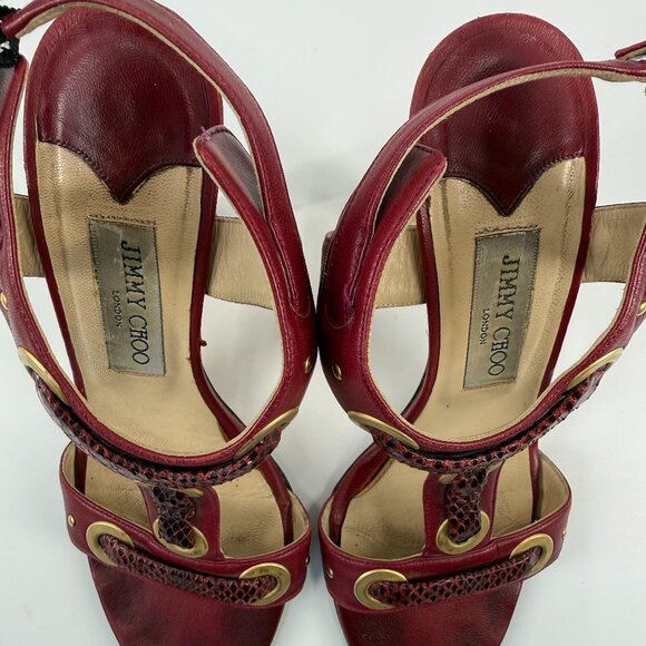 Jimmy Choo Napa Watersnake Burgundy T-Strap Heeled Sandals - Picture 2 of 9
